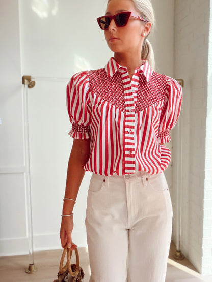 STRIPED BUTTON UP WITH SMOCKING