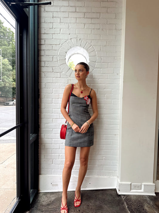 OWEN PLAID SATIN PEEKABOO DRESS