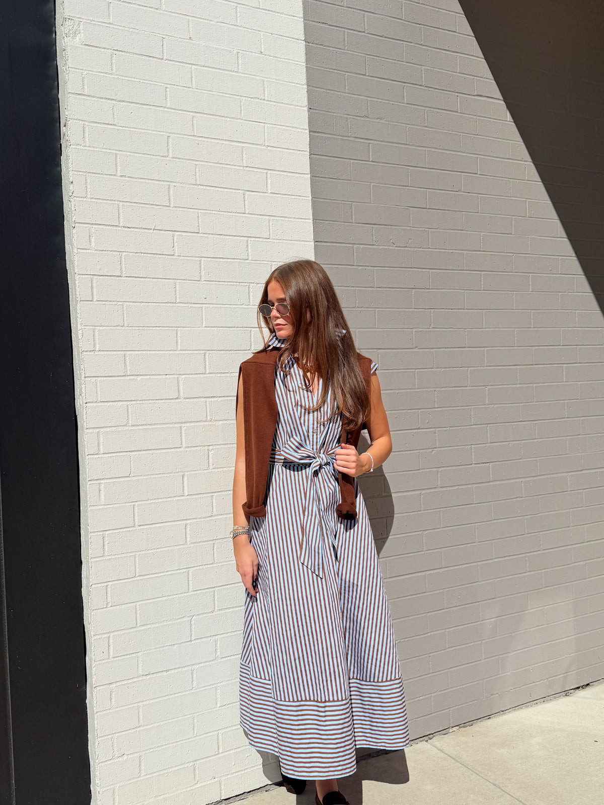 STRIPED TIE WAST MAXI DRESS