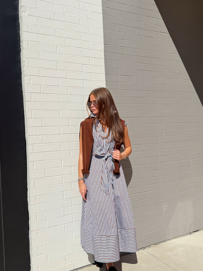 STRIPED TIE WAST MAXI DRESS