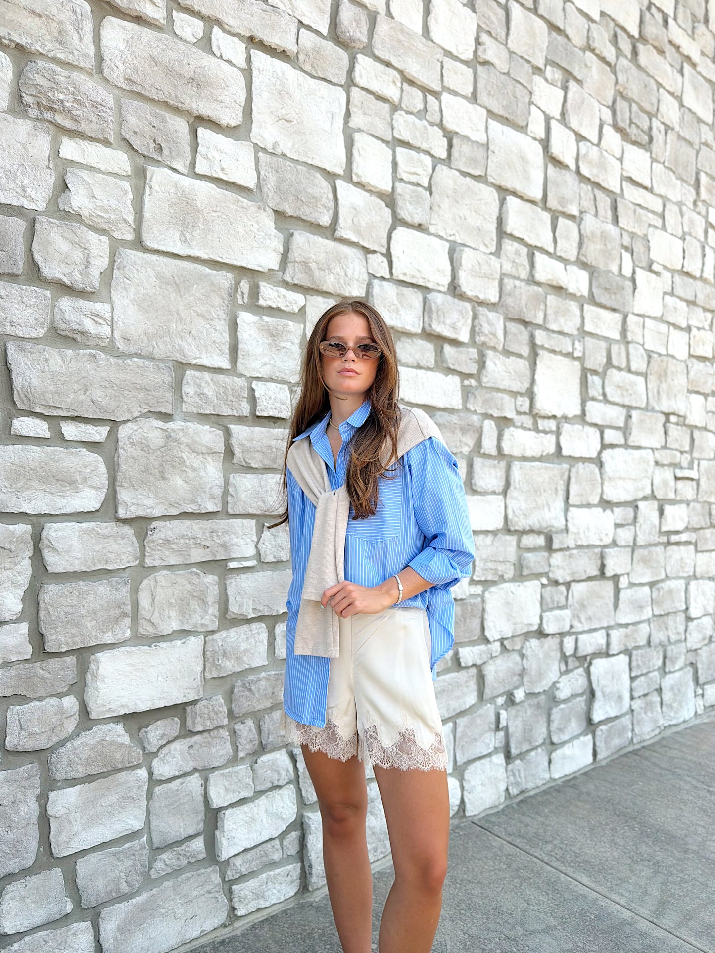 HAILEY STRIPE POPLIN SWEATER BUTTON UP TOP