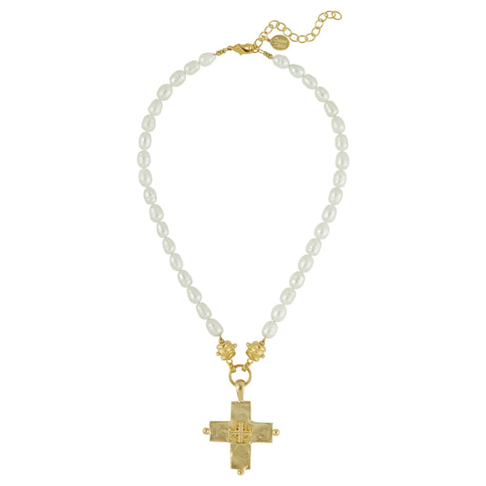 DOUBLE CROSS PEARL NECKLACE