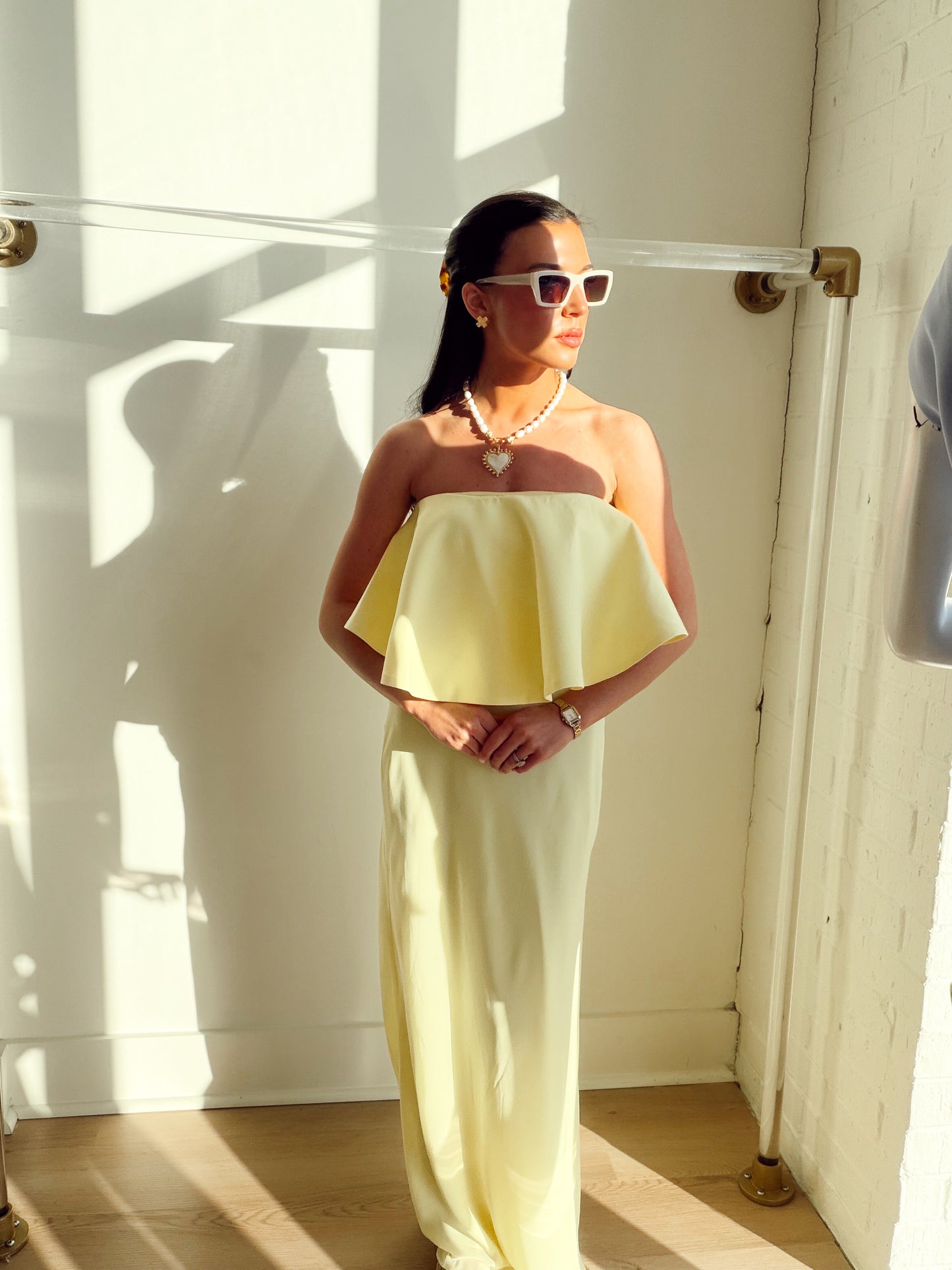 STRAPLESS RUFFLED MAXI DRESS