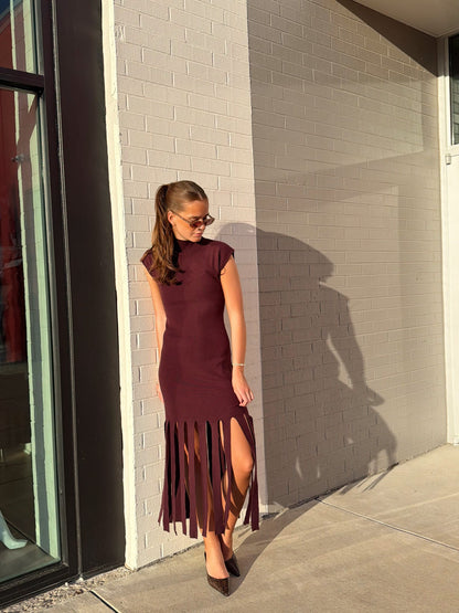 BOTTOM FRINGE SWEATER MOCK NECK DRESS