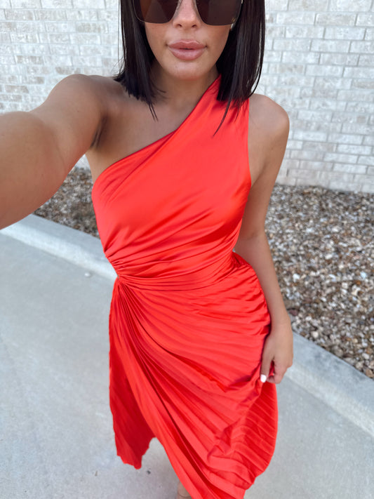 SOLID SATIN ONE SHOULDER PLEATED MAXI DRESS