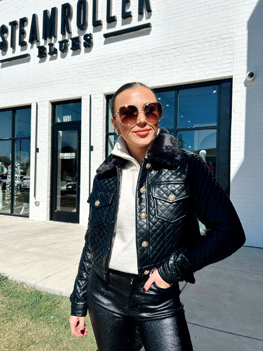 LEATHER QUILTED FAUX TRIM JACKET