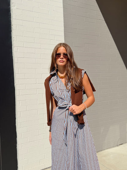 STRIPED TIE WAST MAXI DRESS