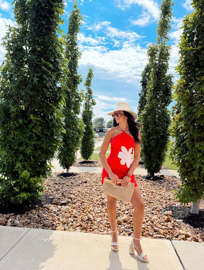 RED HALTER MINI ALINE DRESS