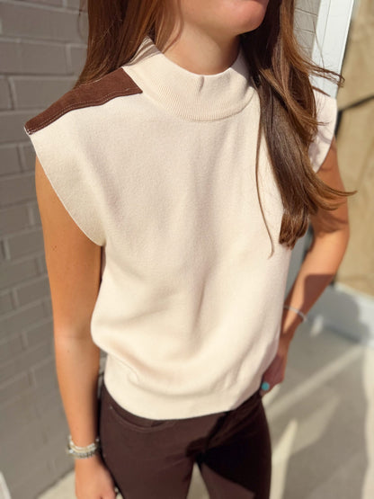 TURTLE NECK KNIT VEST W/ SUEDE DETAIL