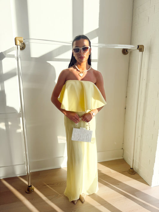 STRAPLESS RUFFLED MAXI DRESS