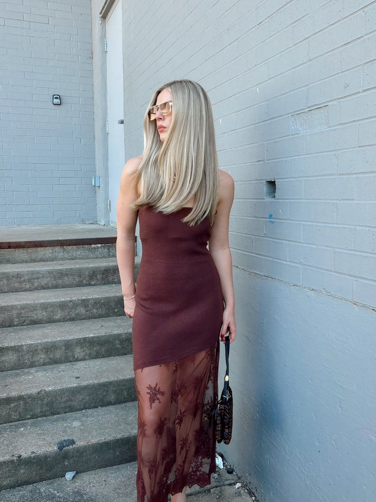 LACE HEM KNIT STRAPLESS MAXI DRESS