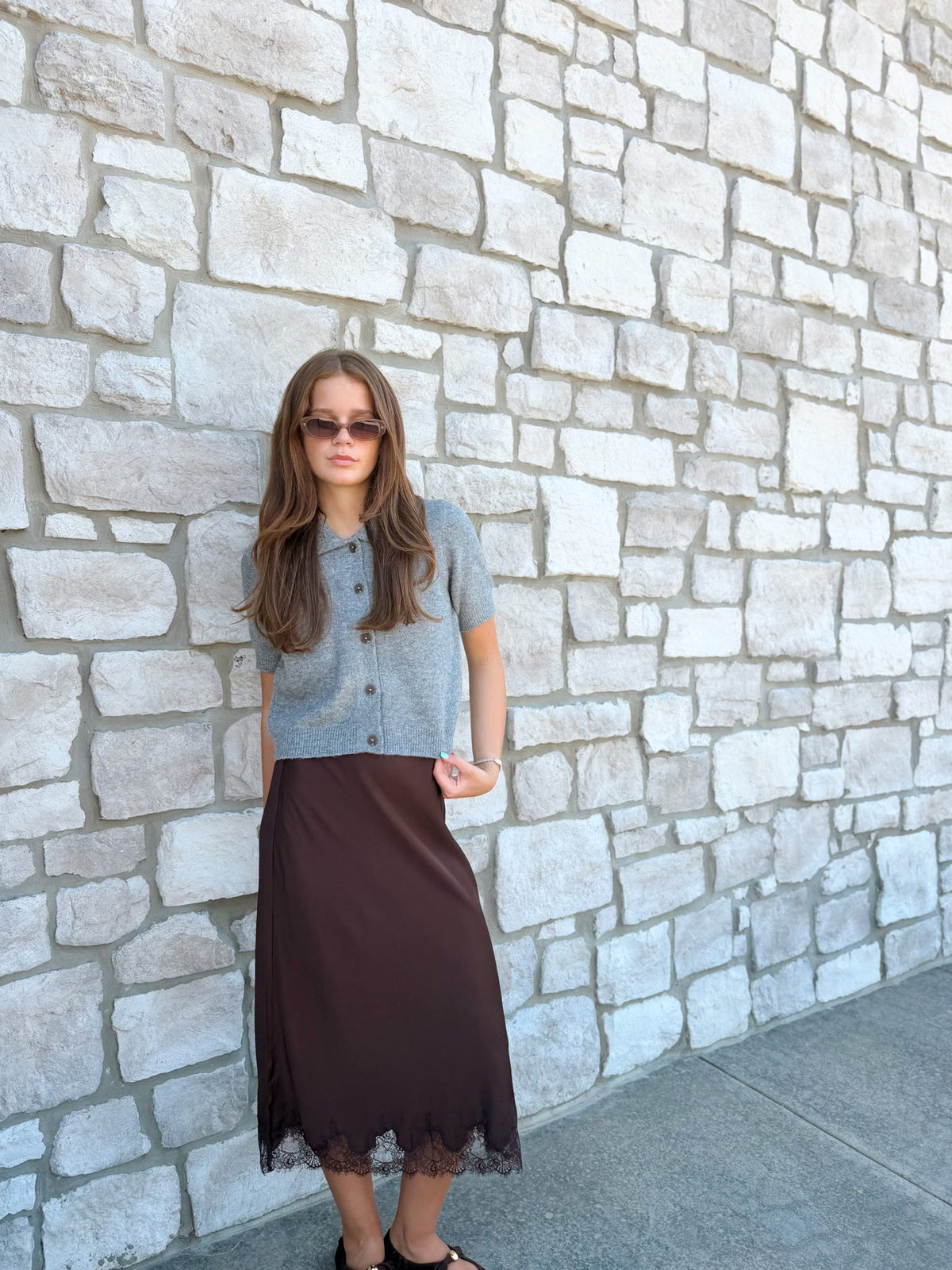 ENNIS SATIN LACE MIDI SKIRT