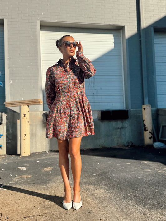 MARTA LONG SLEEVE MINI DRESS IN HARLEQUIN