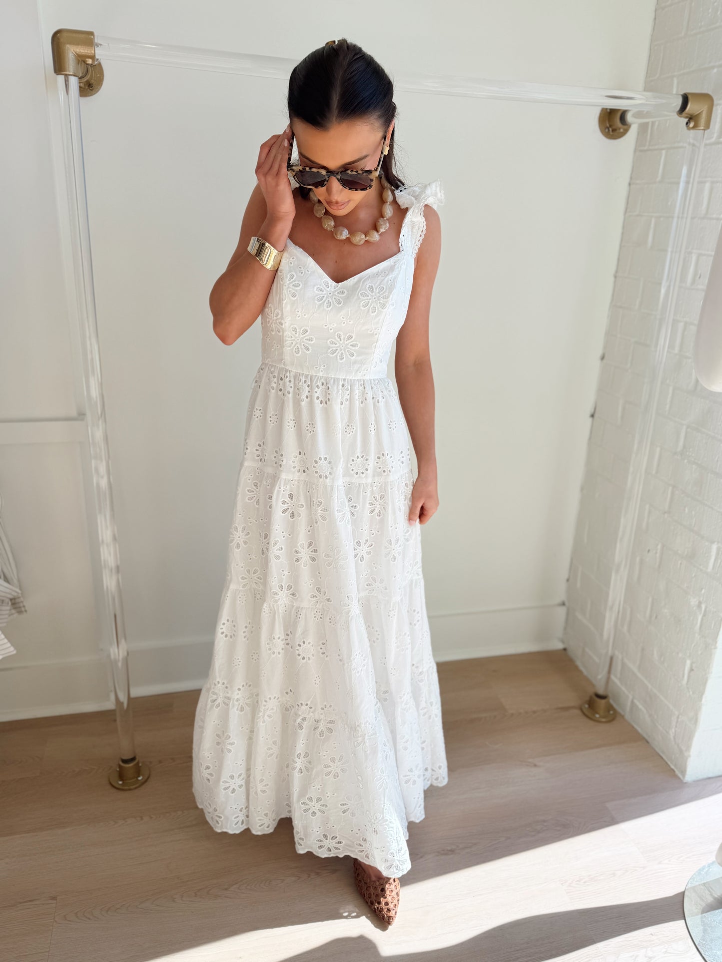 FLORAL EYELET RUFFLE SHOULDER MAXI DRESS