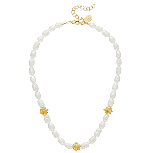 FRESHWATER PEARL NECKLACE WITH HANDCAST GOLD BENTLEY BEADS NECKLACE