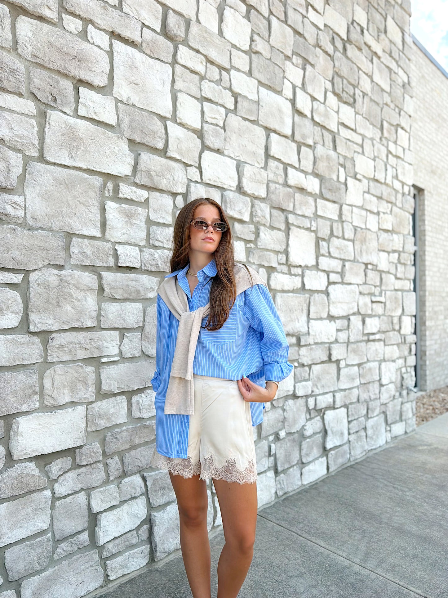 HAILEY STRIPE POPLIN SWEATER BUTTON UP TOP