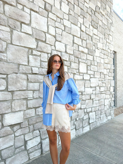 HAILEY STRIPE POPLIN SWEATER BUTTON UP TOP