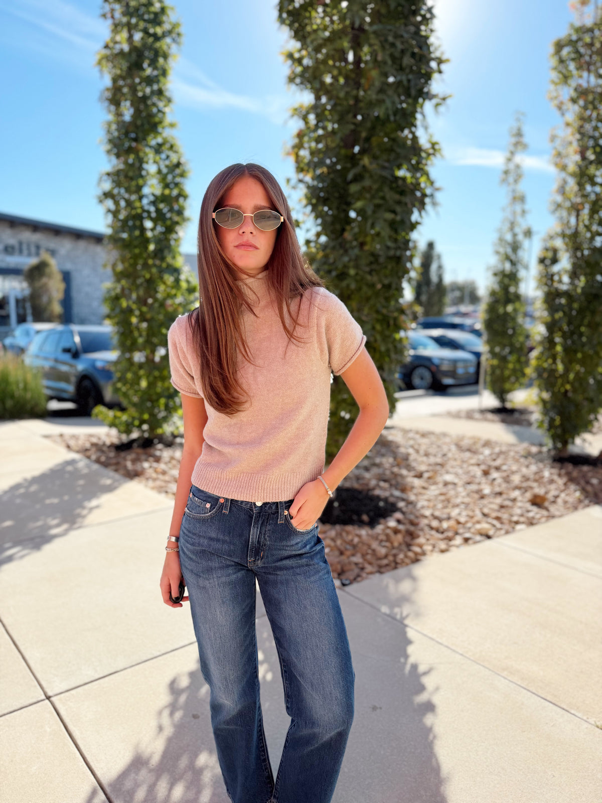 SOFT MOCK NECK SHORT SLEEVE KNIT TOP