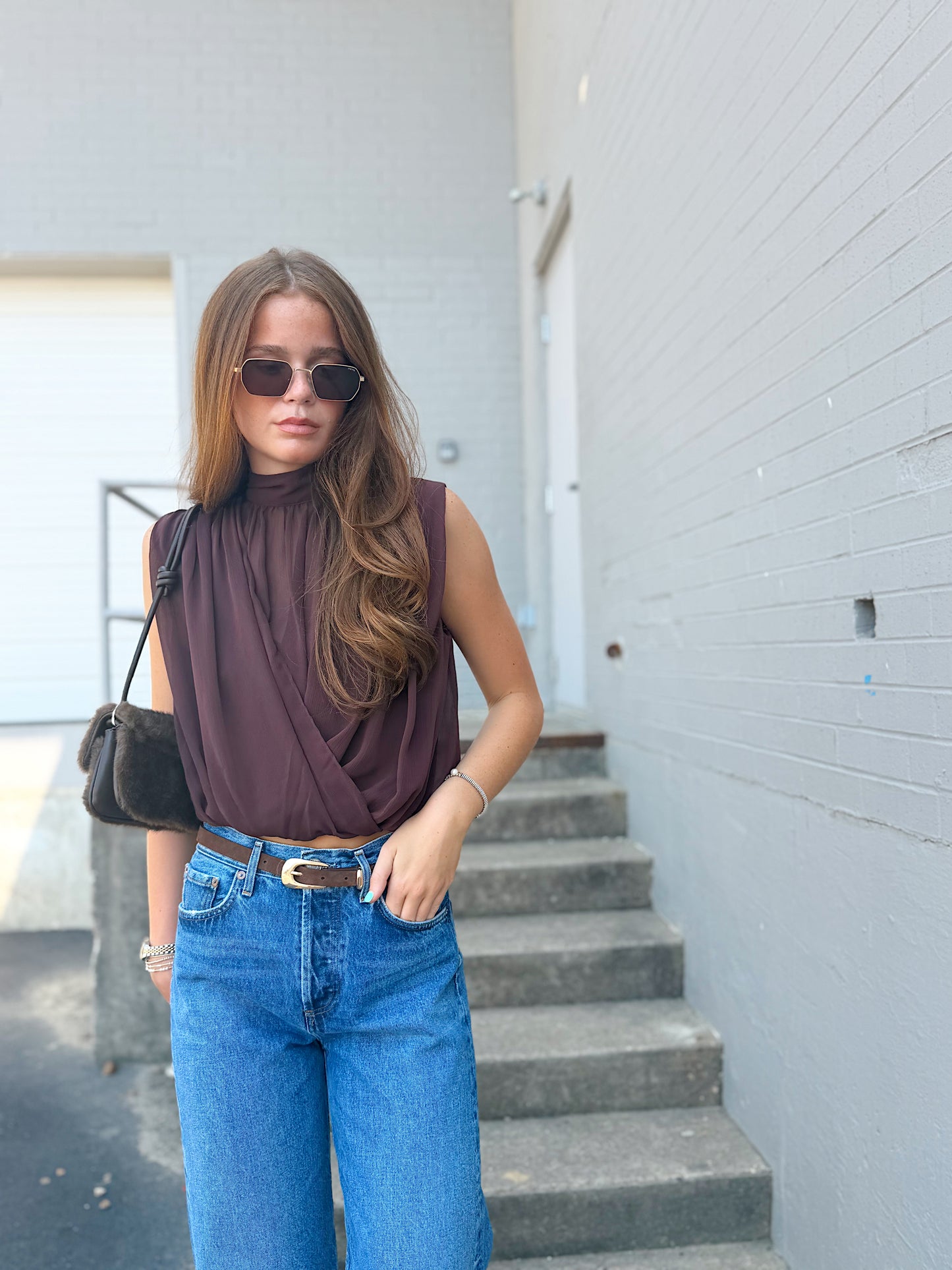 SLEEVELESS DRAPED TOP W/ BACK NECK TIE