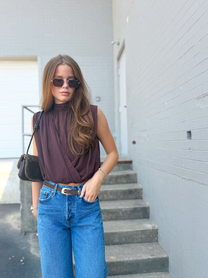 SLEEVELESS DRAPED TOP W/ BACK NECK TIE