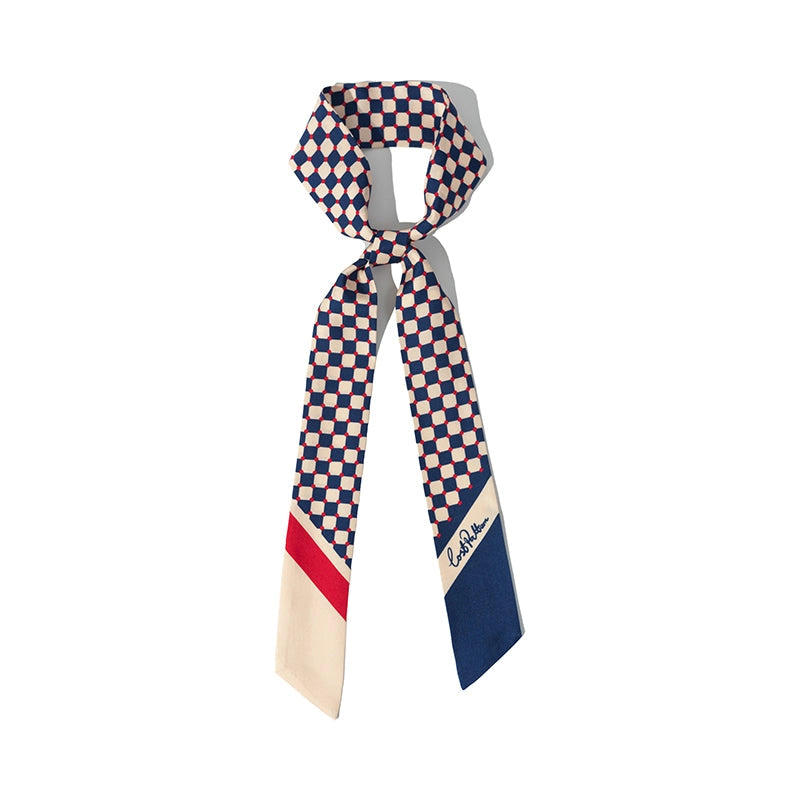 CHECKERBOARD SILK TWILL SKINNY SCARF
