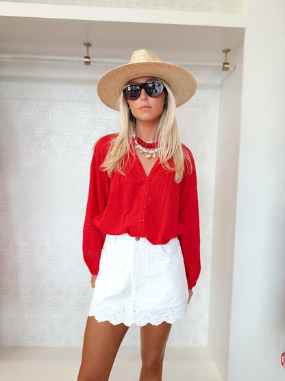 FLORAL EYELET LACE DENIM SKORT