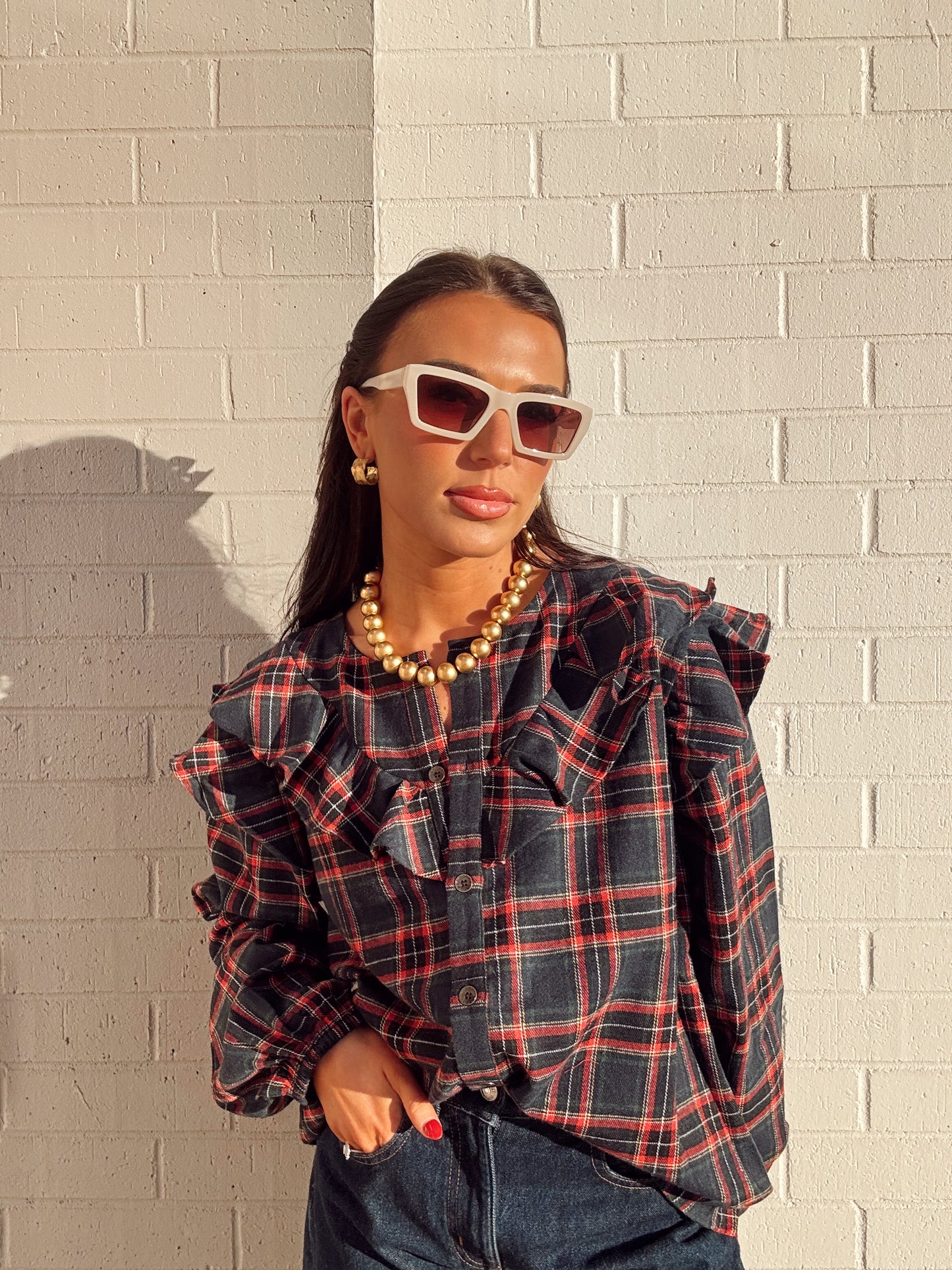 PLAID RUFFLE TOP