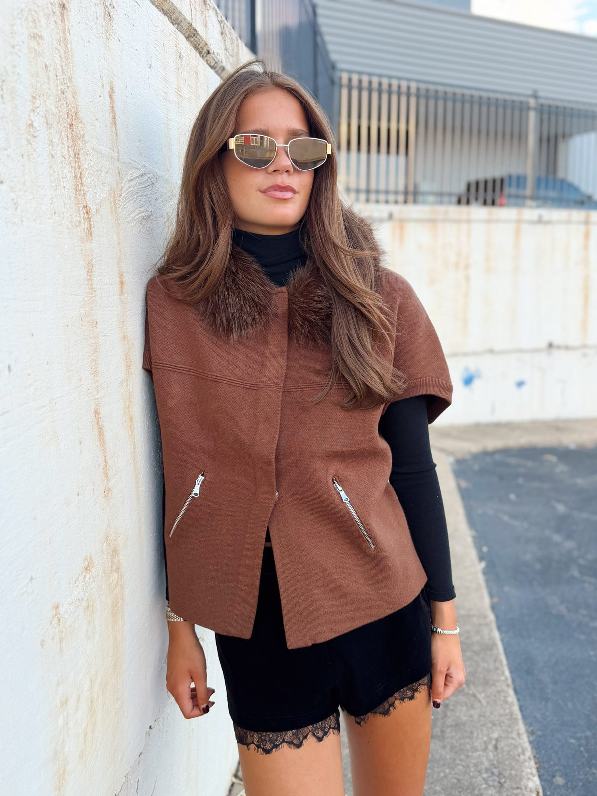 FAUX FUR TRIM CARDIGAN