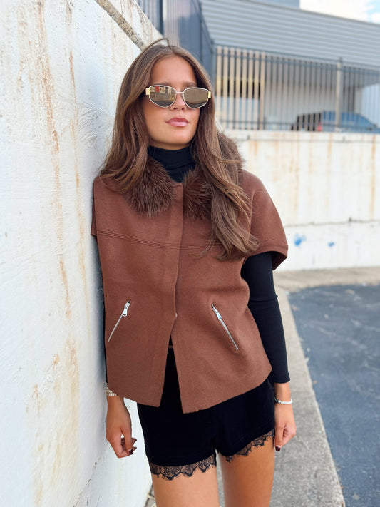 FAUX FUR TRIM CARDIGAN