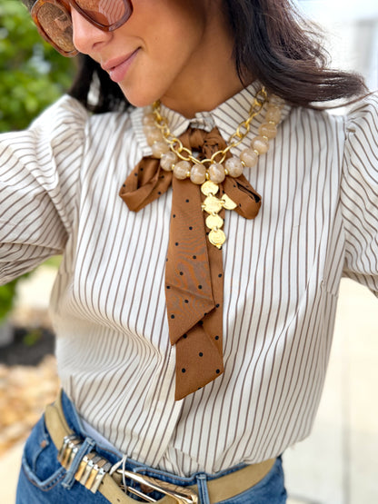 SATIN BOW DETAILED BUTTON DOWN SHIRT TOP