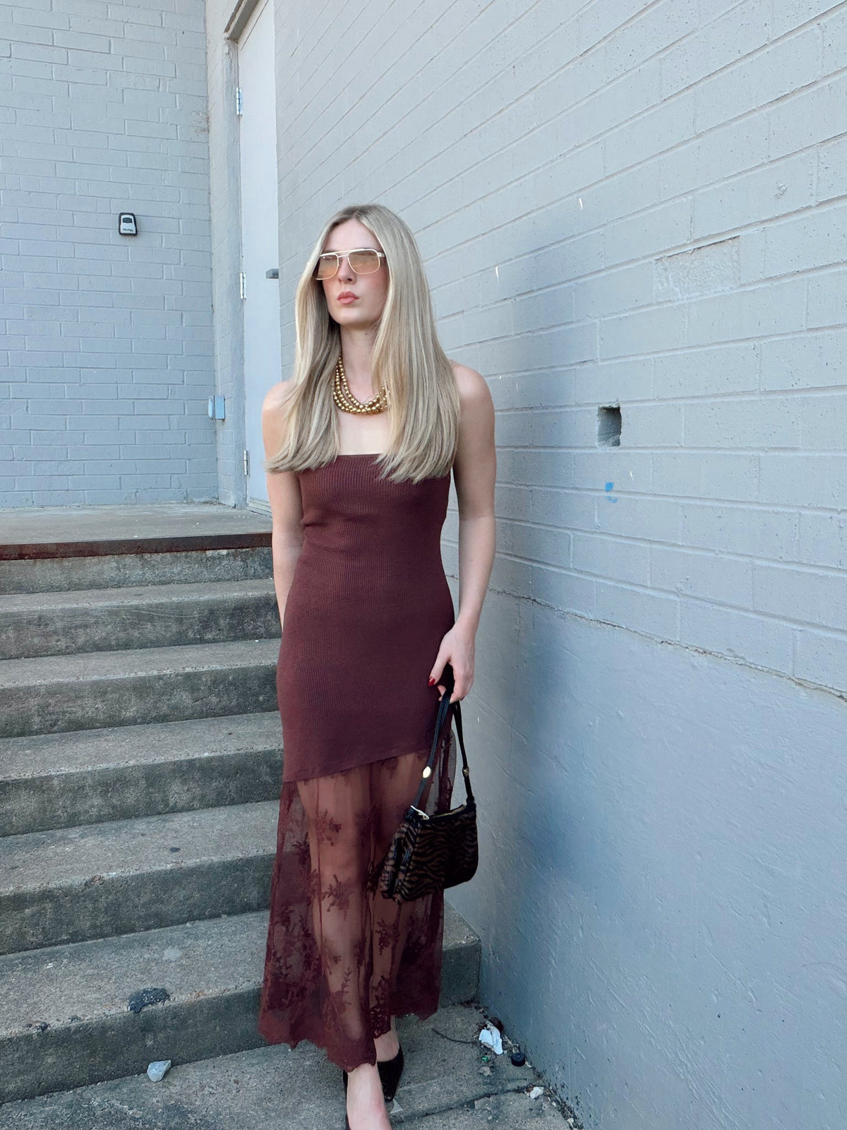 LACE HEM KNIT STRAPLESS MAXI DRESS