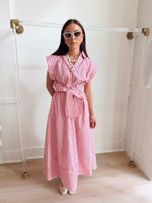 STRIPED TIE WAST MAXI DRESS