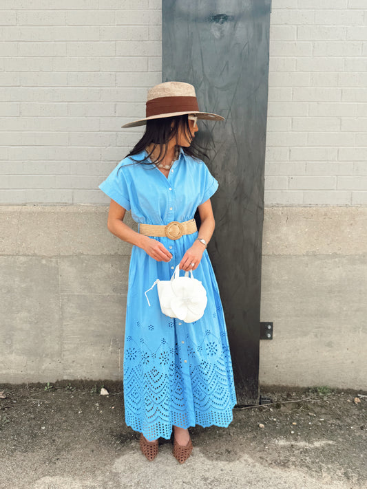 BELTED EYELET DRESS