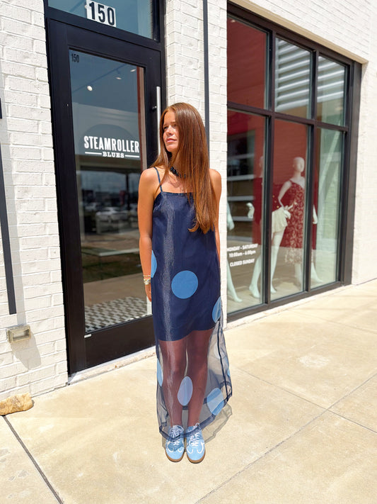 POLKA DOT SHEER OVERLAY MAXI DRESS