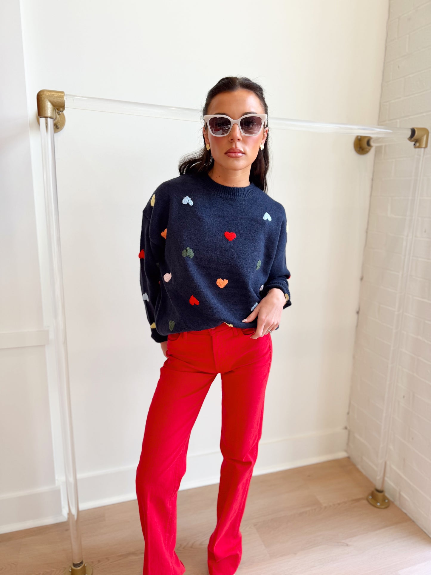 NAVY CREW NECK HEART SWEATER