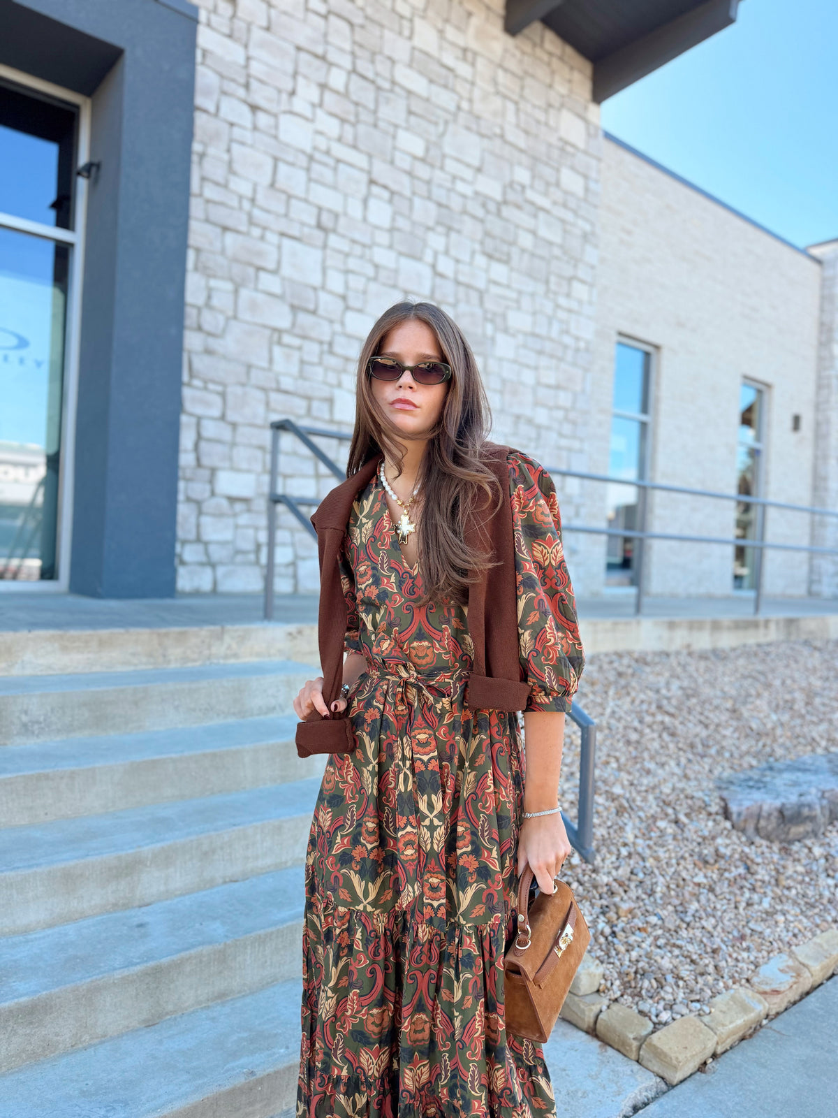 PAISLEY FLORAL PRINT BELTED MAXI DRESS