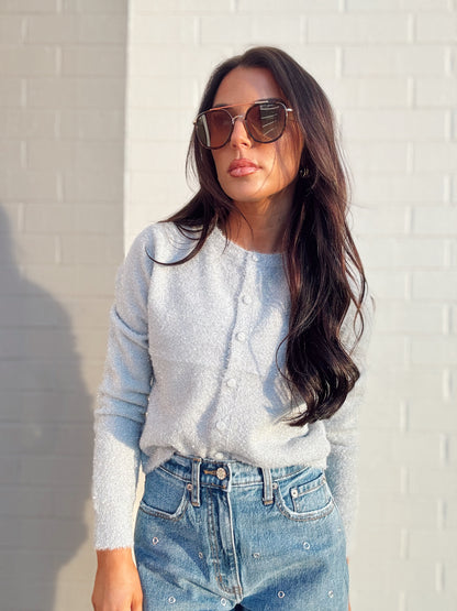 HOLIDAY BUTTON UP TINSEL SWEATER