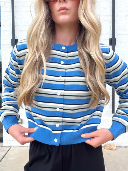 LONG SLEEVE CREW NECK STRIPED CARDIGAN