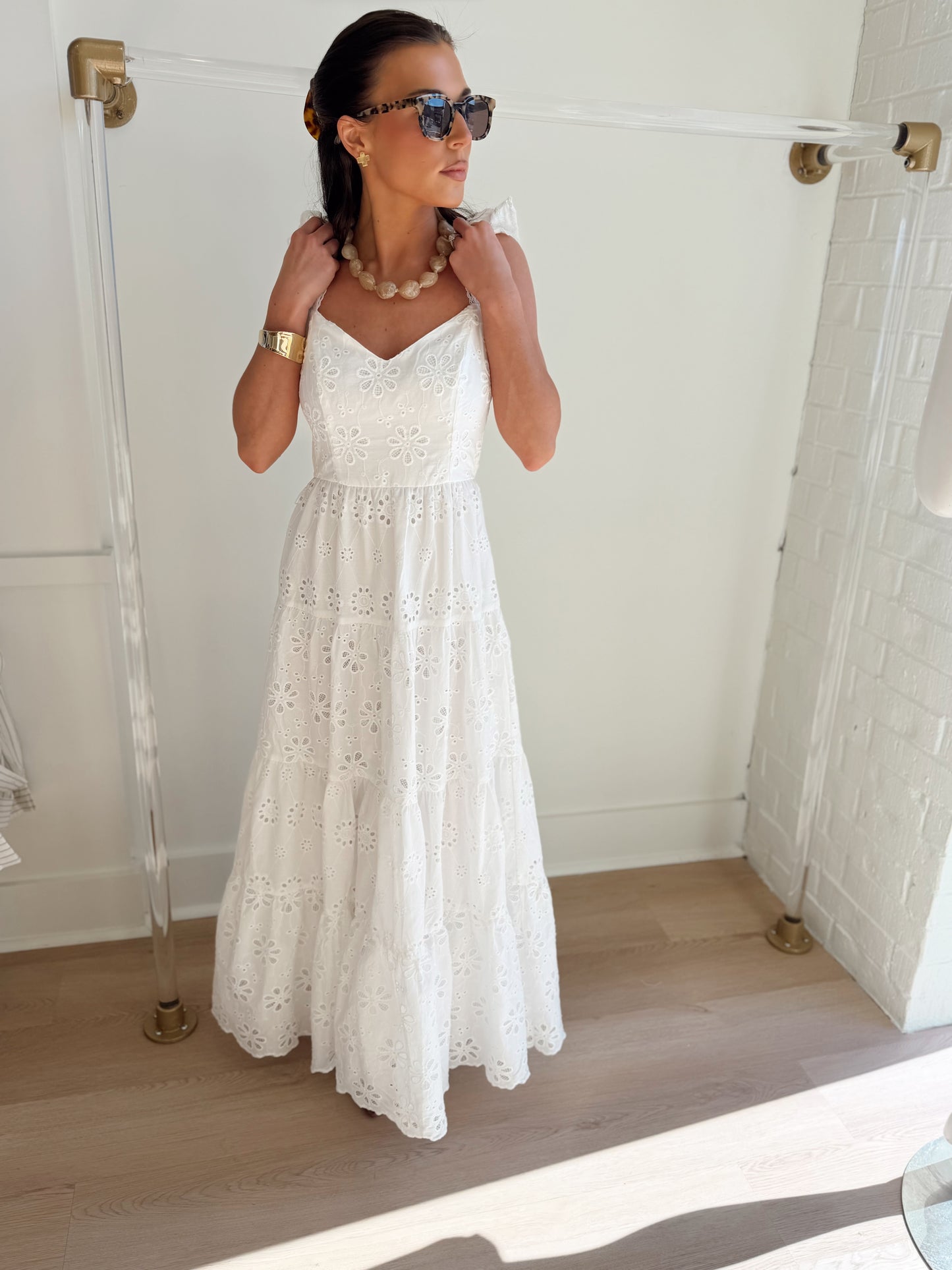 FLORAL EYELET RUFFLE SHOULDER MAXI DRESS