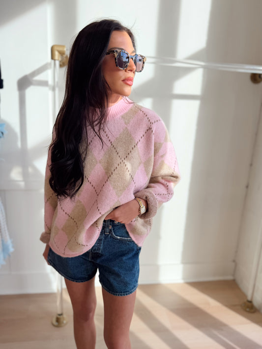 PINK ARGYLE CHUNKY SWEATER