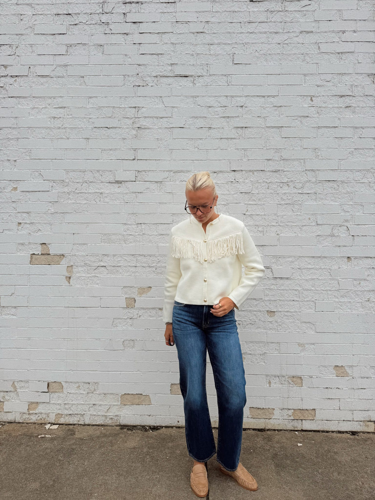 FRINGE BUTTON DOWN SWEATER