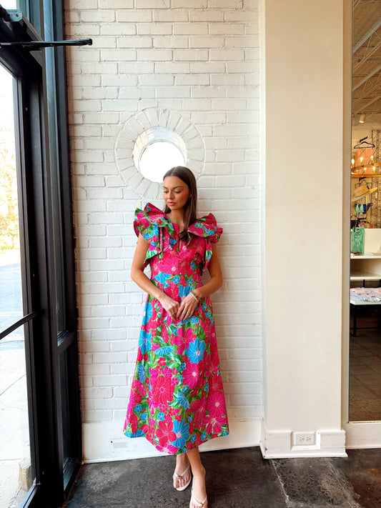 MERVY FLORAL SANTANA TIE BACK MIDI DRESS