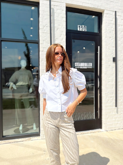 SOLID POPLIN PUFF SLEEVE TOP