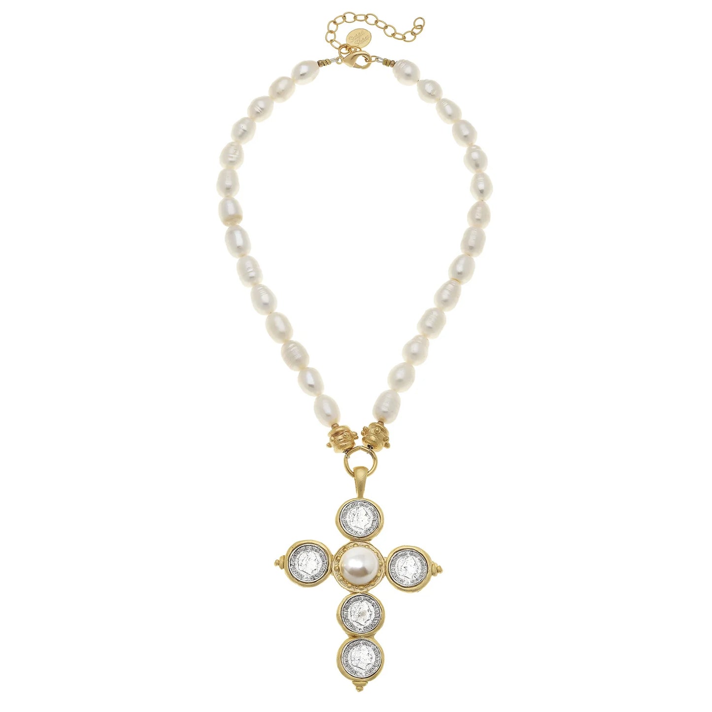 MIXED METAL COIN CROSS PEARL NECKLACE
