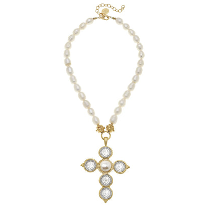 MIXED METAL COIN CROSS PEARL NECKLACE
