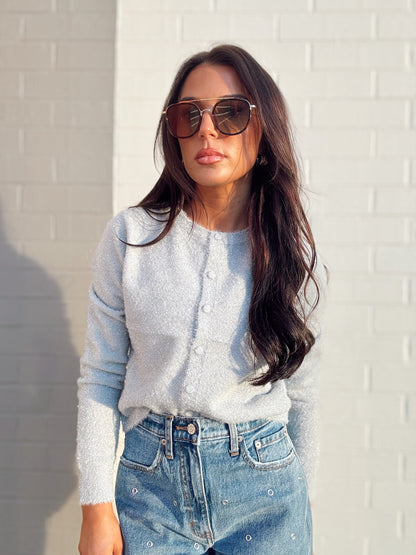 HOLIDAY BUTTON UP TINSEL SWEATER