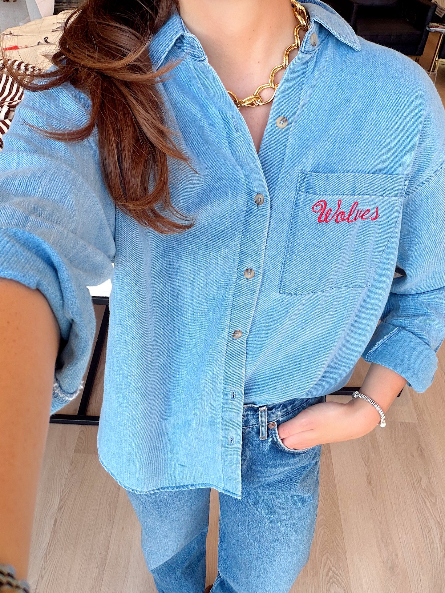 WOLVES EMBROIDERED DENIM BUTTON UP