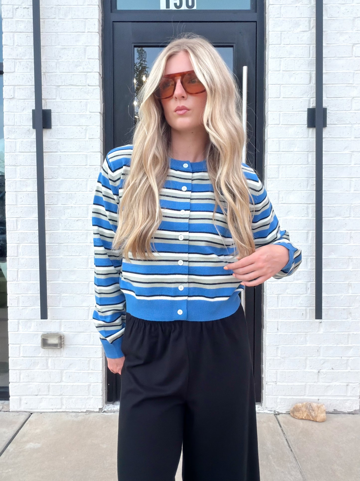 LONG SLEEVE CREW NECK STRIPED CARDIGAN