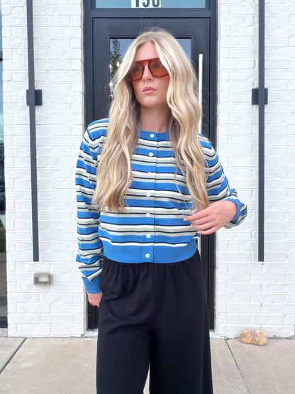 LONG SLEEVE CREW NECK STRIPED CARDIGAN