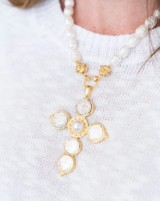 MIXED METAL COIN CROSS PEARL NECKLACE